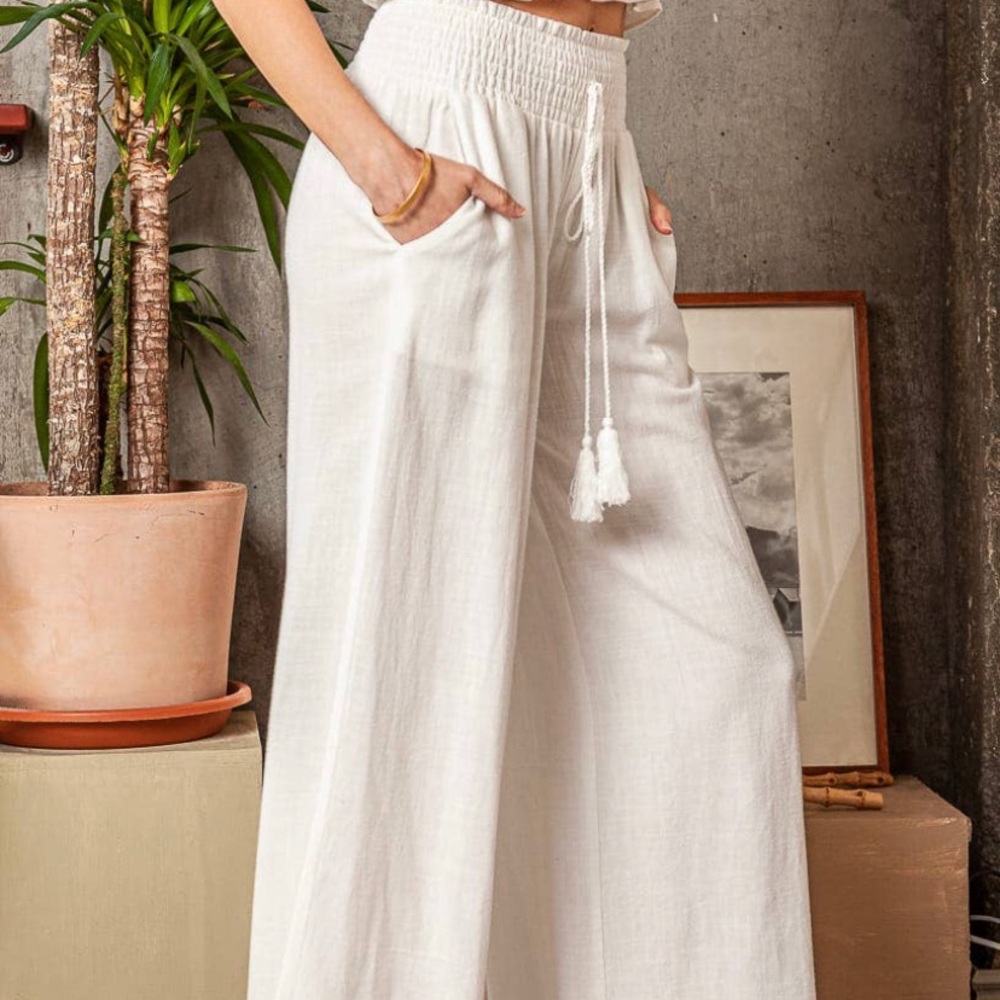 Cotton linen smocked waist pants